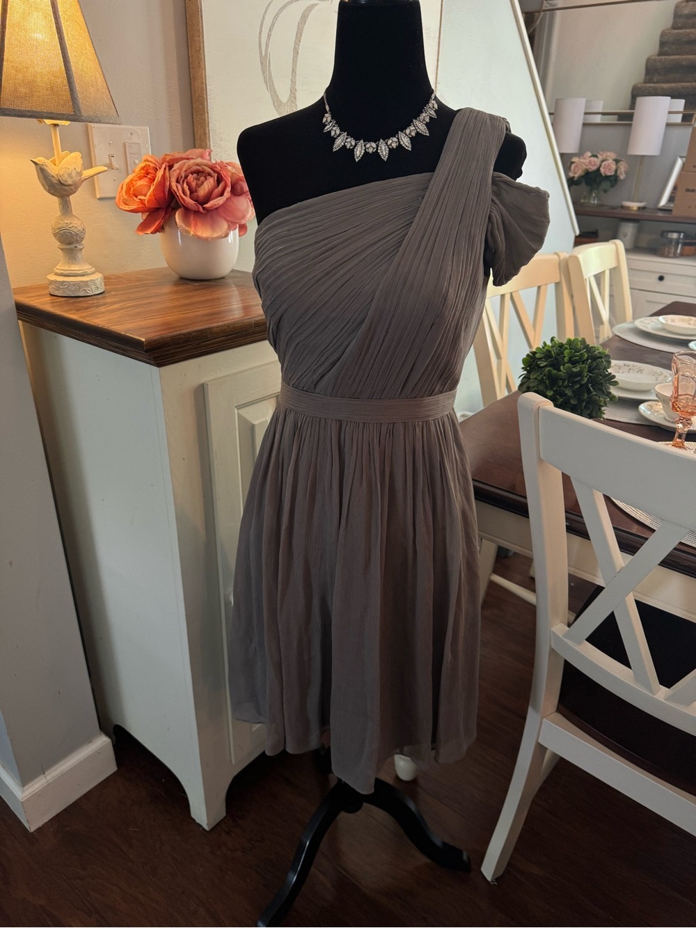 J. Crew One-Shoulder Taupe Chiffon Dress